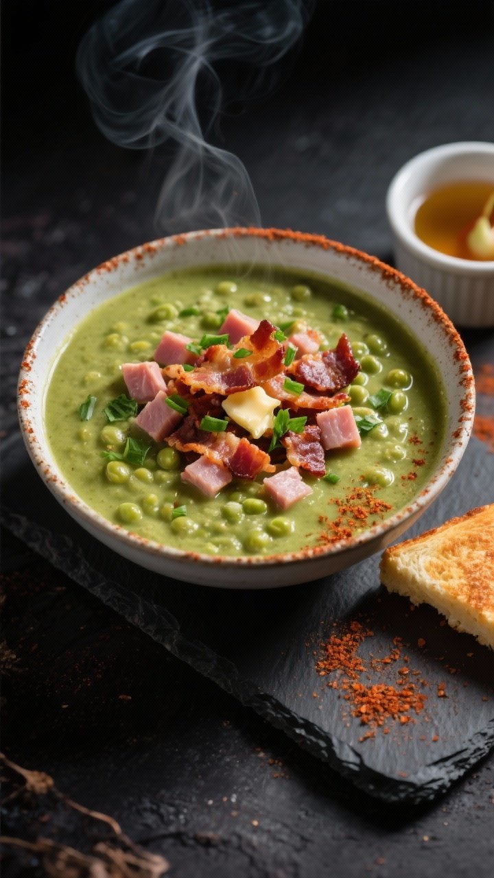 45-degree angle bowl shot of smoky bacon & ham split pea soup: thick, creamy green base studded with diced ham, topped generously with ultra-crispy thick-cut bacon shards, chopped chives and parsley. A dusting of smoked paprika on the rim, and a tiny sheen from butter. A small ramekin of apple cider vinegar and a grilled cheese triangle on a slate plate off to the side. Matte charcoal backdrop for campfire-cozy mood, directional light highlighting bacon texture and steam.
