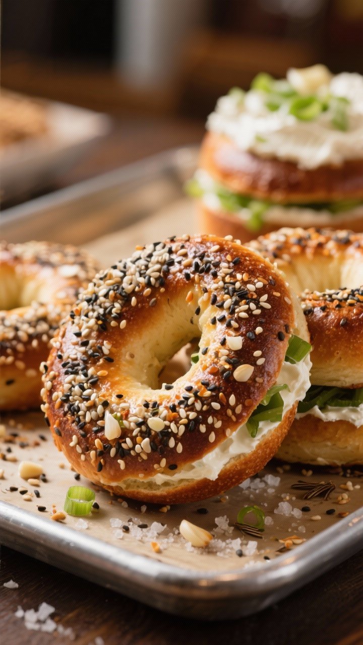 45-degree angle close-up of Everything bagels just out of the oven, richly browned and generously crusted with a bold “everything” mix: white and black sesame seeds, poppy seeds, dried minced garlic and onion, flaky salt, and a hint of caraway; egg-wash sheen visible; crumbs of topping scattered on the tray; one bagel sliced and stacked with scallion cream cheese in the background, softly blurred; warm deli ambiance, tight focus on the crunchy, savory texture.