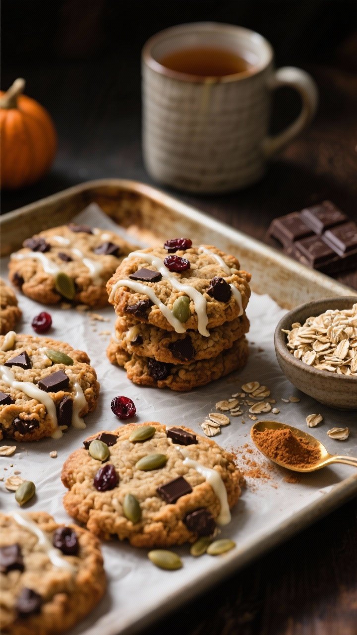 45-degree angle, hearty texture focus: Oatmeal pumpkin spice cookies studded with dark chocolate chunks and toasted pepitas, some with a few dried cranberries peeking through; arranged on a rustic baking sheet with parchment, a drizzle of melted white chocolate over a few for a bakery finish; include ingredient elements artfully placed: a small bowl of rolled oats, a pile of pepitas, a bar of dark chocolate with rough-cut chunks, and a spoonful of pumpkin pie spice; golden edges with soft centers, visible oat chew and seed crunch; moody, cozy lighting that enhances contrast and shine on chocolate, with an apple cider mug blurred in the background.
