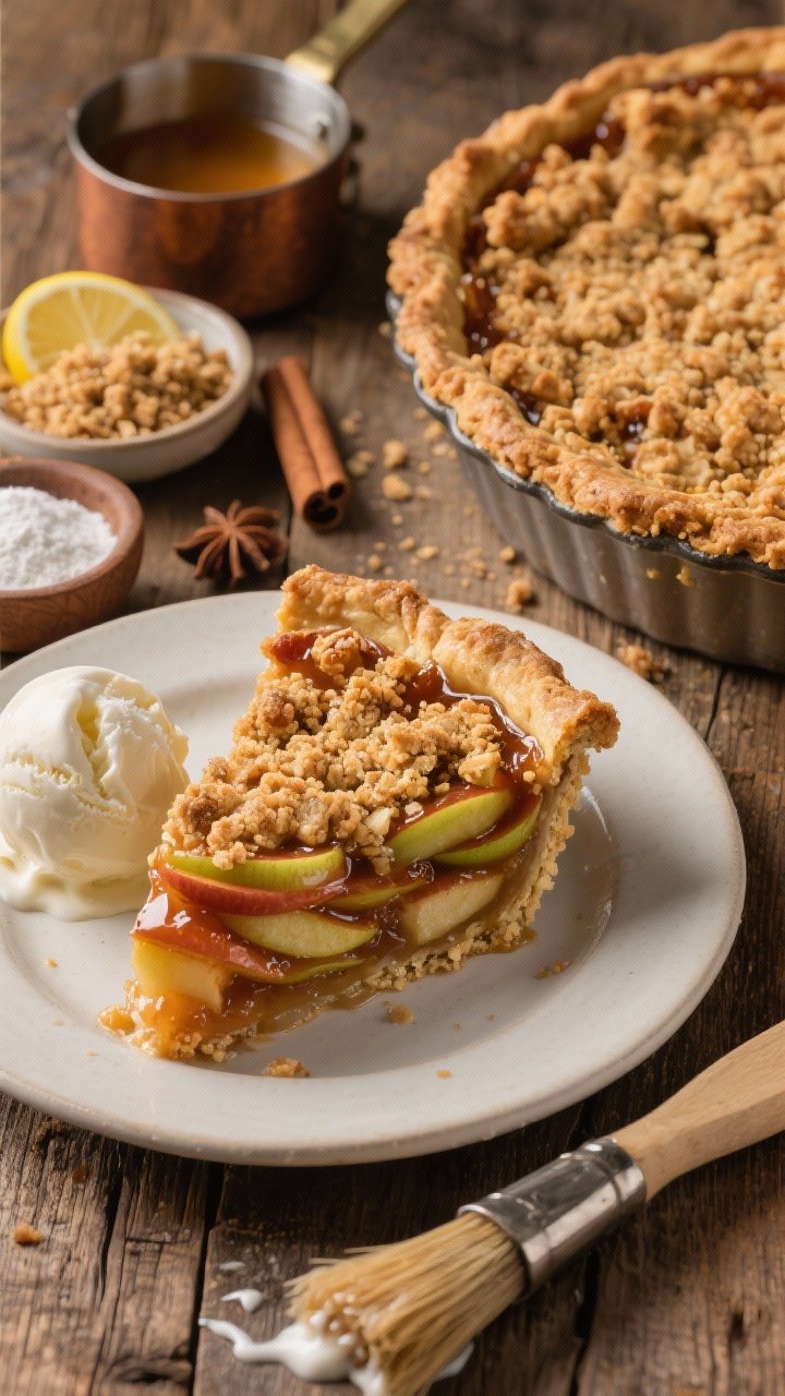 45-degree angle hero shot of a Deep-Dish Apple Pie with brown butter crumble, baked in a 9-inch deep dish; the crumble is deeply golden with visible toasted bits, bubbling jammy apple filling (Granny Smith and Honeycrisp) peeking through; one slice plated in front with lush, glossy apple layers and thickened juices; props include a small saucepan of browned butter with nutty milk solids, a bowl of crumble mix, lemon half, cinnamon and nutmeg, cornstarch in a ramekin, and a pastry brush with a drip of heavy cream; rustic wood backdrop, warm light, a scoop of melting vanilla ice cream beside the slice to convey serving suggestion.