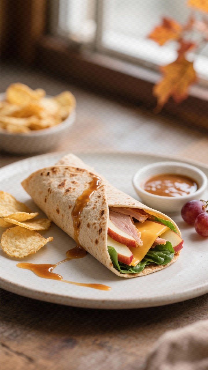 45-degree angle plated presentation of a Smoky Turkey, Apple & Cheddar Wrap with a maple-Dijon gloss: whole-wheat tortilla seared seam-side down for light toasting, cut in half to show layers of smoked turkey, sharp cheddar gently melted, thin Honeycrisp apple slices, and fresh baby spinach. A swipe of maple-Dijon sauce visible along the wrap’s inner edge, with a small dish of extra sauce nearby. Styled with a few grapes and kettle chips, warm autumnal tones, soft window light, shallow depth of field.
