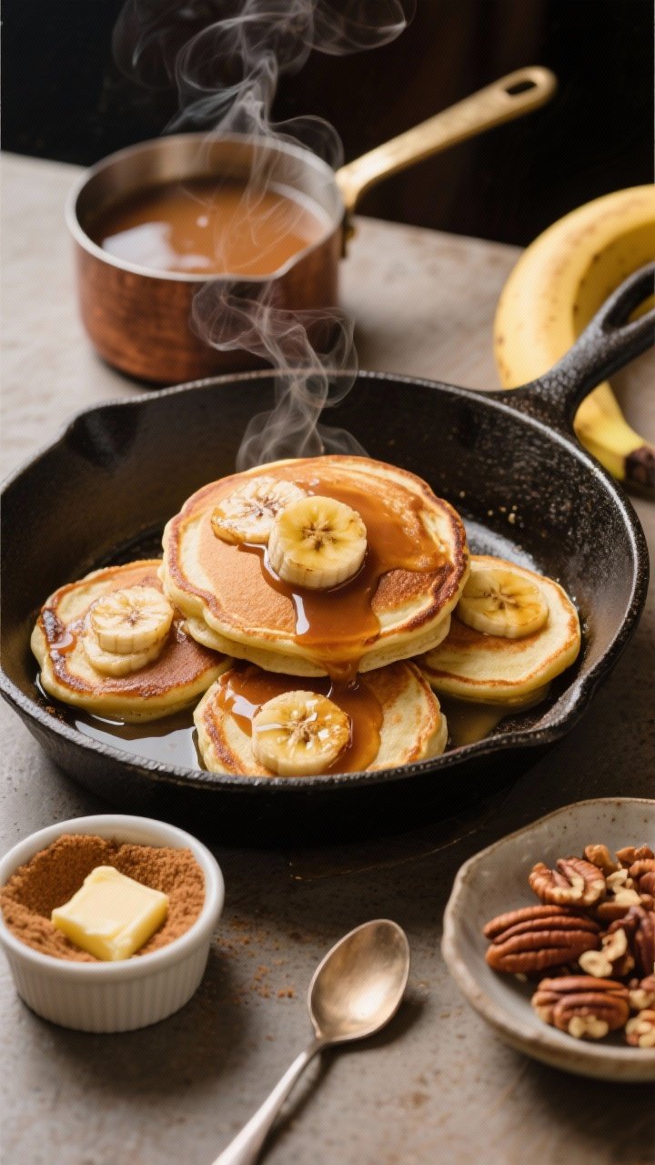 45-degree angle process shot for Caramelized Banana Foster Pancakes: pancakes on a cast-iron skillet with 1/4 cup batter rounds, each pressed with caramelized banana slices; nearby a small saucepan of glossy brown sugar–butter sauce with cinnamon, vanilla, and cream steaming gently; props include a ramekin of brown sugar, a pat of butter melting on a spoon, and chopped pecans in a dish; warm, decadent tones, light smoke/steam visible, emphasis on jammy, caramelized banana edges and gleaming sauce.