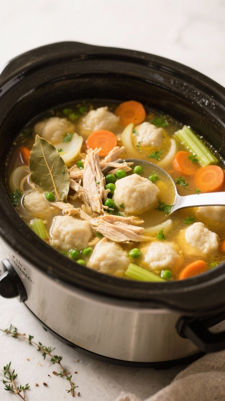 45-degree angle shot of a slow cooker opened to reveal Slow-Cooker Chicken Dumplin Soup at the finish: deeply infused golden broth with onion, carrot rounds, celery, bay leaves, thyme and poultry seasoning; shredded chicken thighs dispersed throughout; fluffy drop dumplins just cooked on the surface, peas and chopped parsley stirred in; ladle resting on the rim, no people; warm, homey light to emphasize set-it-and-forget-it ease and comforting aroma.