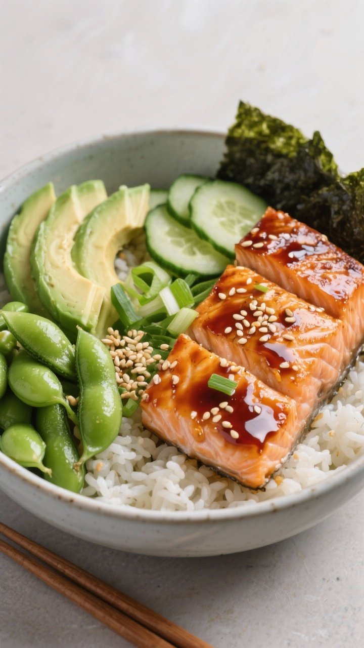 45-degree plated bowl scene: Sesame-ginger salmon rice bowl assembled beautifully. Skinless salmon fillets lacquered in a soy, honey, rice vinegar, toasted sesame oil, fresh ginger, garlic, and chili-garlic glaze, seared in a nonstick skillet and set over warm jasmine rice. Toppings arranged in distinct sections: bright green edamame, fan of ripe avocado, quick-pickled cucumber slices glistening, thinly sliced scallions, toasted sesame seeds, and fine strips of nori. Clean, modern ceramic bowl on a neutral surface, chopsticks resting nearby; vibrant, balanced colors and a glossy glaze finish.