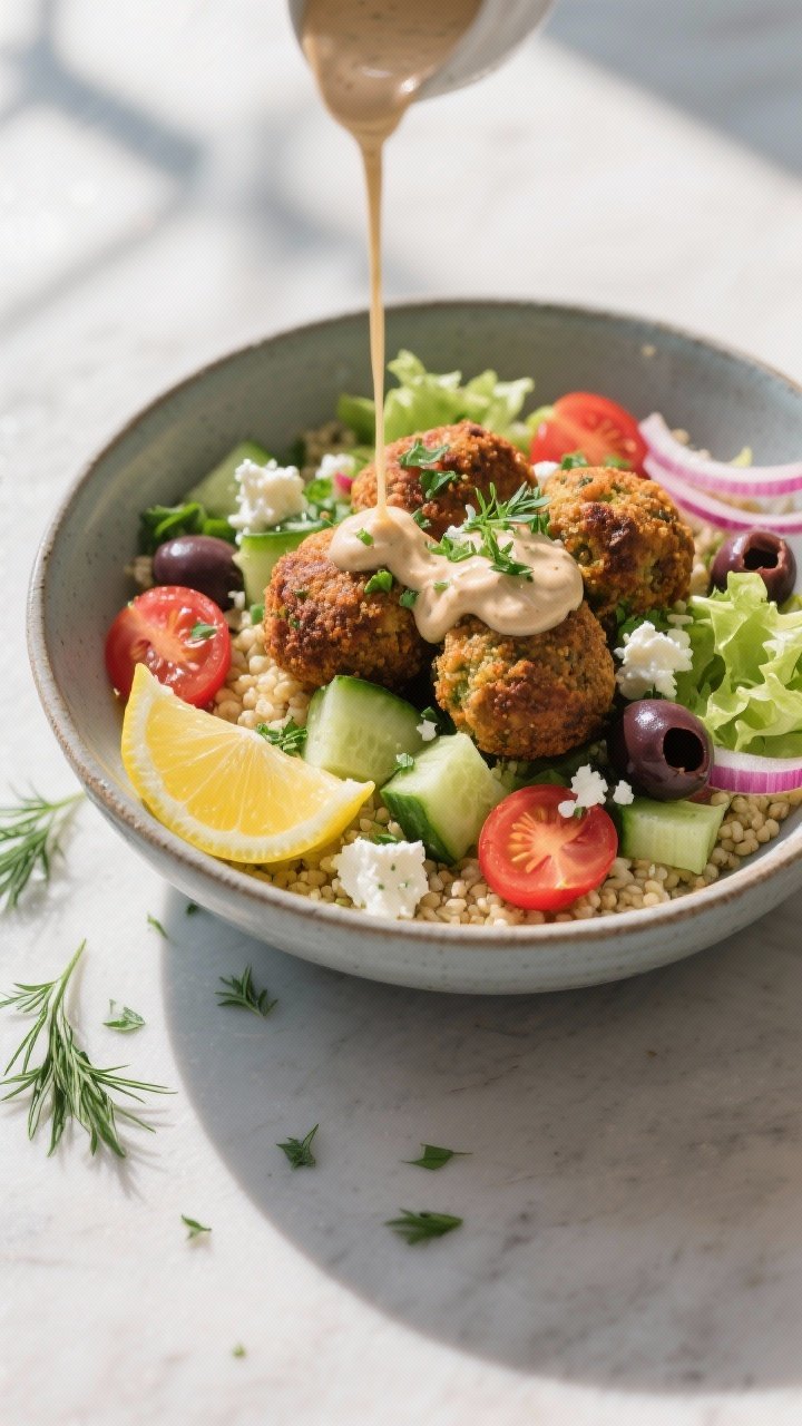 45-degree plated presentation of a Mediterranean Falafel Bowl with Herby Tahini on a matte ceramic bowl: lemony quinoa base topped with crisp baked falafel, diced English cucumber, halved cherry tomatoes, thin red onion, halved Kalamata olives, chopped romaine, and crumbled feta. A small pour of creamy herby tahini (tahini, lemon, parsley, dill) drizzled over some falafel, with lemon wedges and extra dill scattered nearby. Fresh, sunny Mediterranean mood, cool tones with pops of red and green, soft natural window light, shallow depth of field to emphasize falafel crispness and herb-flecked dressing.