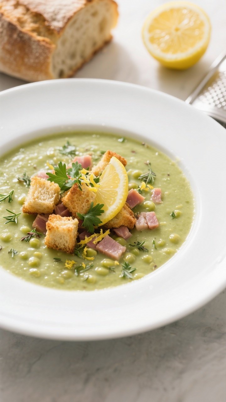 45-degree plated presentation of herb-lemon split pea soup with ham and crunchy croutons: smooth, spring-green soup with diced ham throughout, crowned with golden 1-inch skillet croutons glistening in olive oil, flecks of dried oregano and thyme, fresh parsley, and bright lemon zest. A gentle squeeze of lemon juice beading on the surface. Rustic bread loaf and a zested lemon with microplane off to the side. Crisp, fresh styling with high-key lighting to emphasize brightness and crunch.