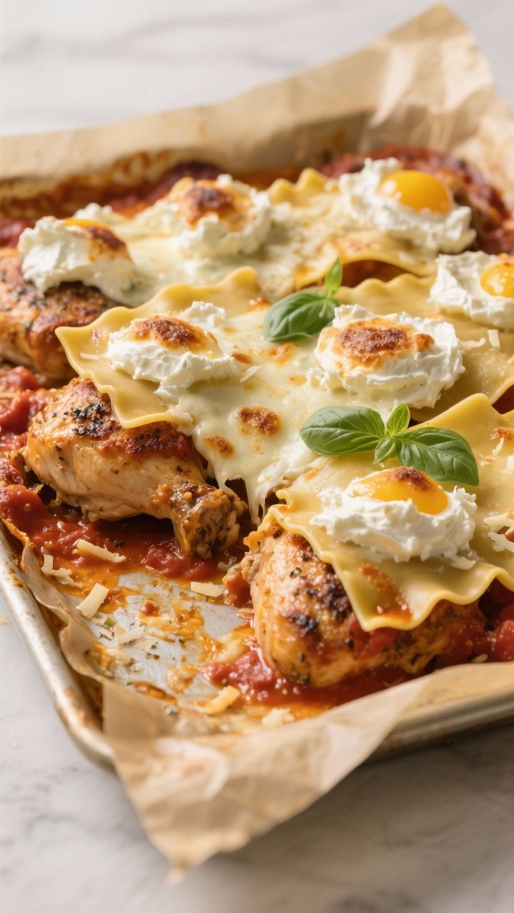45-degree sheet-pan bake: a parchment-lined sheet pan filled with roasted, well-seasoned boneless chicken thighs partially exposed under bubbling marinara, crowned with rustic dollops of ricotta mixture (with egg and Parmesan) and a generous layer of melted mozzarella browned in spots; broken oven-ready lasagna sheets laid in a mosaic on top with a light oil sheen for crisp edges; finished with fresh basil leaves; minimal-prop background for easy cleanup vibe, golden oven glow highlighting the cheesy lasagna “crown,” crisp textures and juicy chicken emphasized.