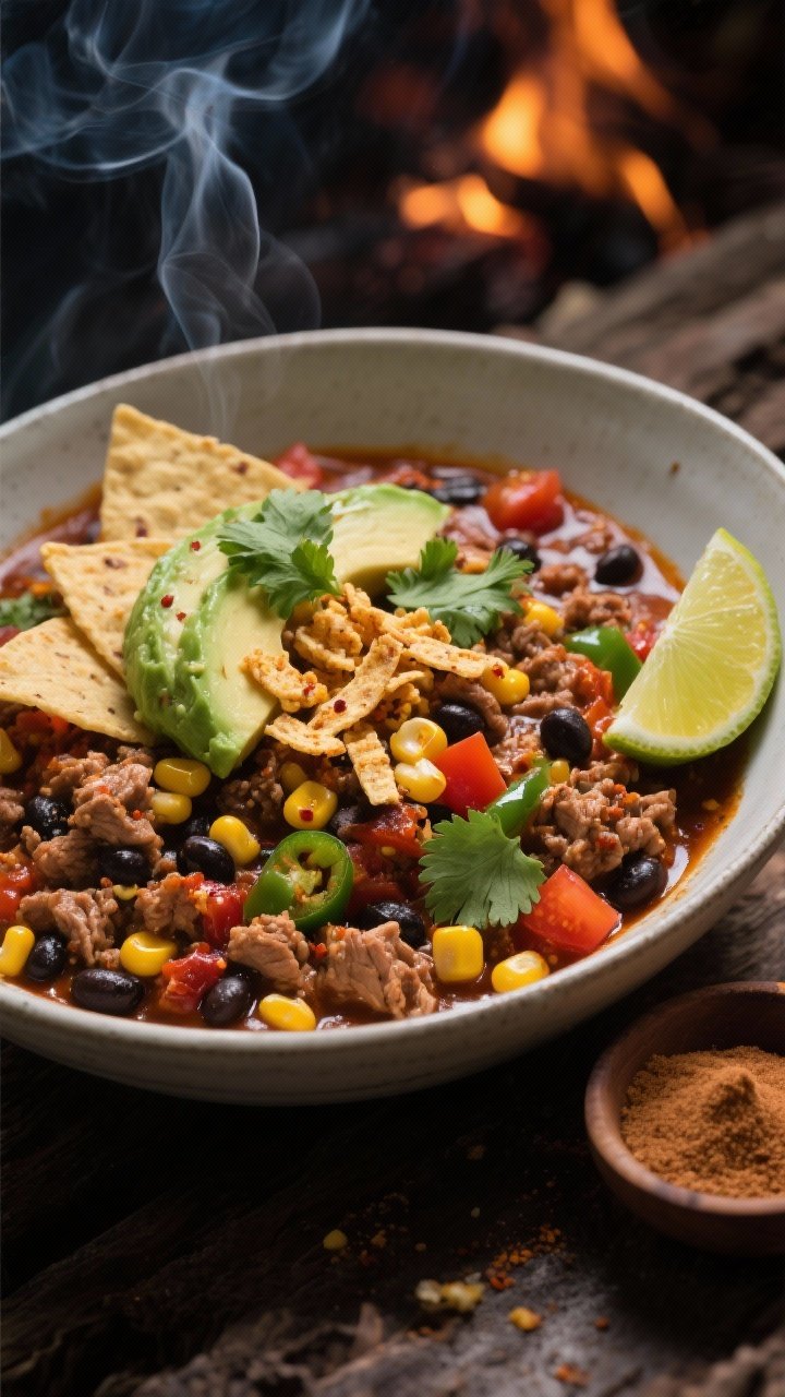 A 45-degree angle bowl shot of Smoky Chipotle Chilli with Sweet Corn Crunch, featuring ground turkey, black beans, fire-roasted diced tomatoes, poblano pepper, and bright corn kernels; flecks of minced chipotle in adobo and smoked paprika visible in the glossy sauce; garnished with creamy avocado slices, cilantro leaves, and crunchy tortilla strips; a lime wedge and a small dish of brown sugar sit to the side; moody, campfire-vibe lighting with subtle smoke effect.