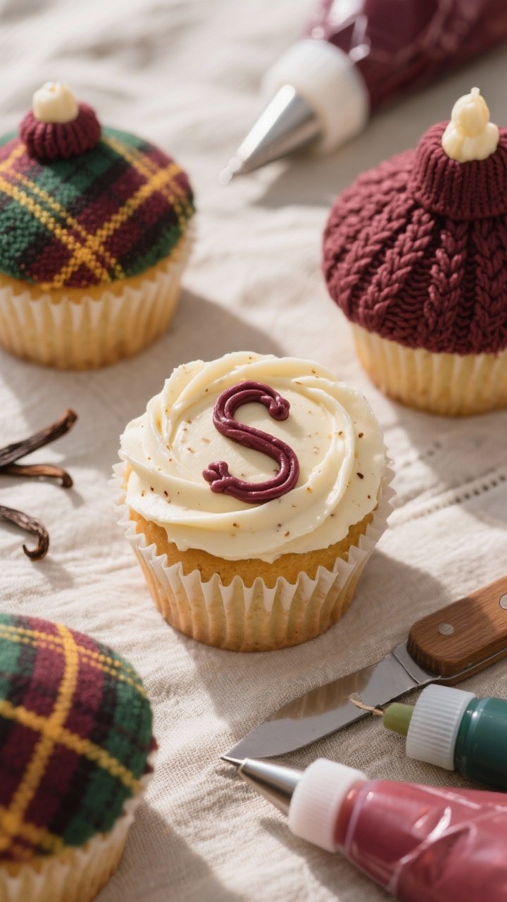 A 45-degree angle composition of Cozy Plaid Sweater Cupcakes with Vanilla Bean Frosting: cupcakes topped with a smooth cream-colored base layer, decorated with precise piped plaid lines in deep burgundy, mustard, and forest green, with subtle vanilla bean specks visible in the buttercream. Include a few cupcakes showing the cable-knit “S” texture variant for variety. Surround with piping bags fitted with small round tips, gel color bottles, and a palette knife. Soft diffused daylight for even line definition, cozy picnic vibe on a linen napkin.