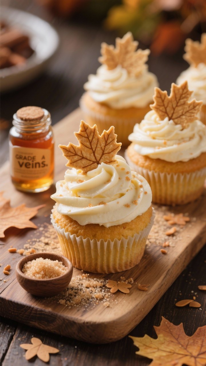 A 45-degree angle plated shot of Maple Leaf Garden Cupcakes: golden maple cupcakes topped with soft maple buttercream swirls lightly brushed with maple syrup for sheen, finished with delicate edible wafer paper maple leaves and a dusting of maple sugar for crunchy “veins.” Include warm fall tones—amber, cinnamon, and cream—styled on a rustic wood board with a small jar of Grade A maple syrup, a pinch bowl of maple sugar, and scattered leaf-shaped sprinkles. Soft afternoon light, shallow depth of field to emphasize glossy frosting texture and crisp leaf toppers, cozy fall mood.