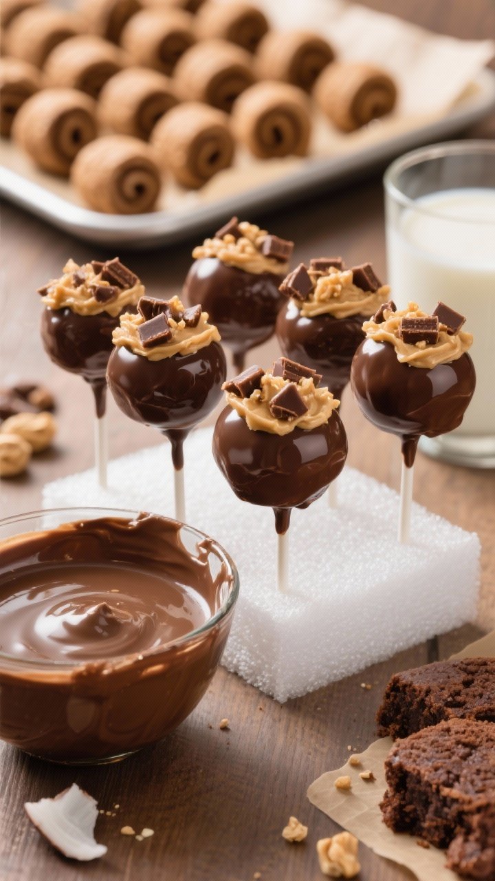 A 45-degree close-up of Classic Peanut Butter Cup Cake Pops: soft, fudgy chocolate cake pops blended with creamy peanut butter frosting, dipped in glossy semisweet chocolate, topped with chopped mini peanut butter cups. Show several pops standing upright in a foam block, a bowl of melted chocolate with a bit of coconut oil nearby, and a tray of rolled 1-inch cake balls on parchment in the background. Warm, nostalgic mood with rich browns and peanut-butter tan tones; highlight silky coating, crumbly PB cup texture, and a glass of cold milk off to the side. Professional lighting, shallow depth of field to emphasize the shiny dip and toppings, no people.