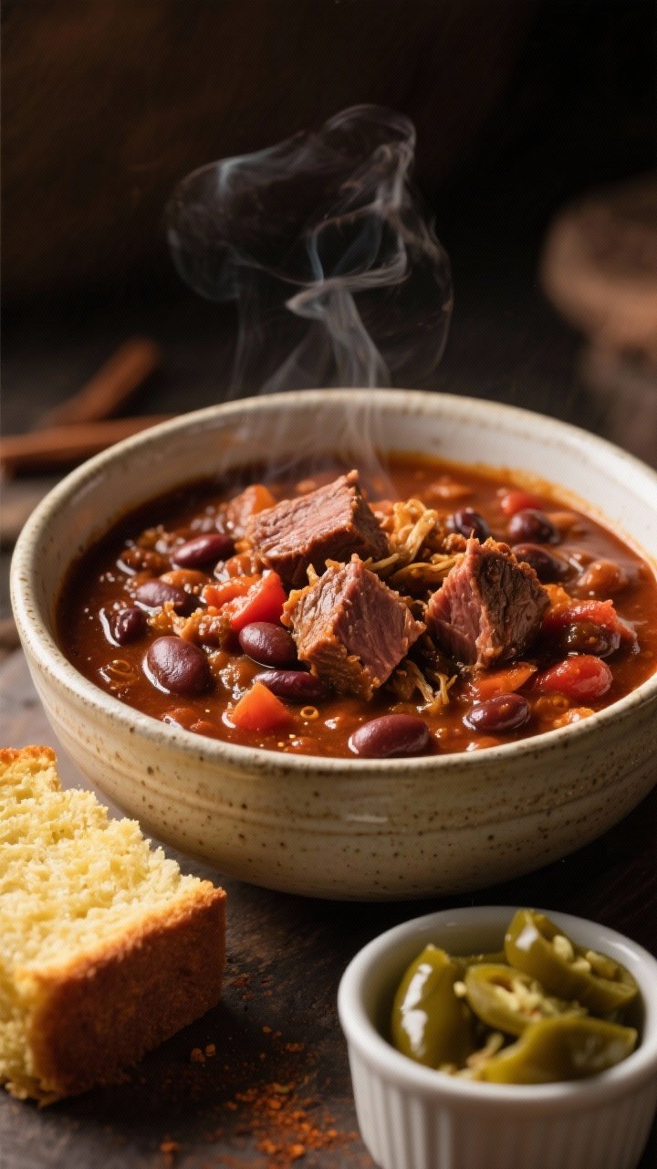A close-up, slow-cooker Brisket Chilli ladled into a deep ceramic bowl, showcasing melt-in-your-mouth cubes of brisket with shredded edges, pinto beans, and a rich, mahogany sauce built from crushed tomatoes, beef broth, and dark beer; visible hints of chilli powder, cumin, smoked paprika, and a whisper of cinnamon; finished with a glossy sheen and tiny bubbles; served beside a slice of cornbread and a small ramekin of pickled jalapeños; warm, low-key lighting with gentle steam for ultimate comfort.