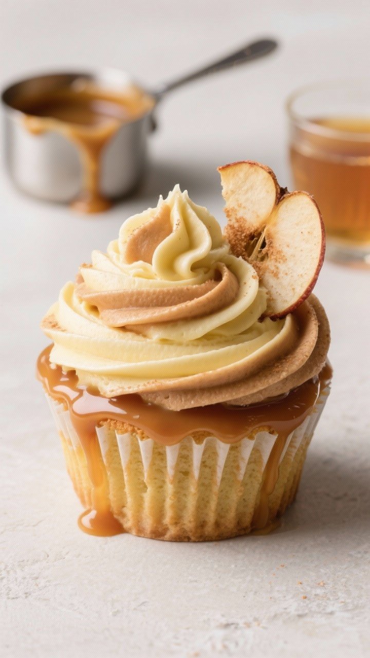A close-up straight-on beauty shot of Caramel Apple Cider Swirl Cupcakes: apple cider cake crowned with tall two-tone buttercream swirls (pale yellow and soft tan) piped with a large star tip, finished with a glossy caramel drip hugging the frosting edges. Garnish one with a crisp dried apple chip and a light sprinkle of cinnamon sugar. Include a small saucepan of melted caramel with a spoon in the background and a small glass of reduced cider. Clean neutral backdrop, controlled highlights on the caramel, ultra-sharp detail on swirl ridges and drip.