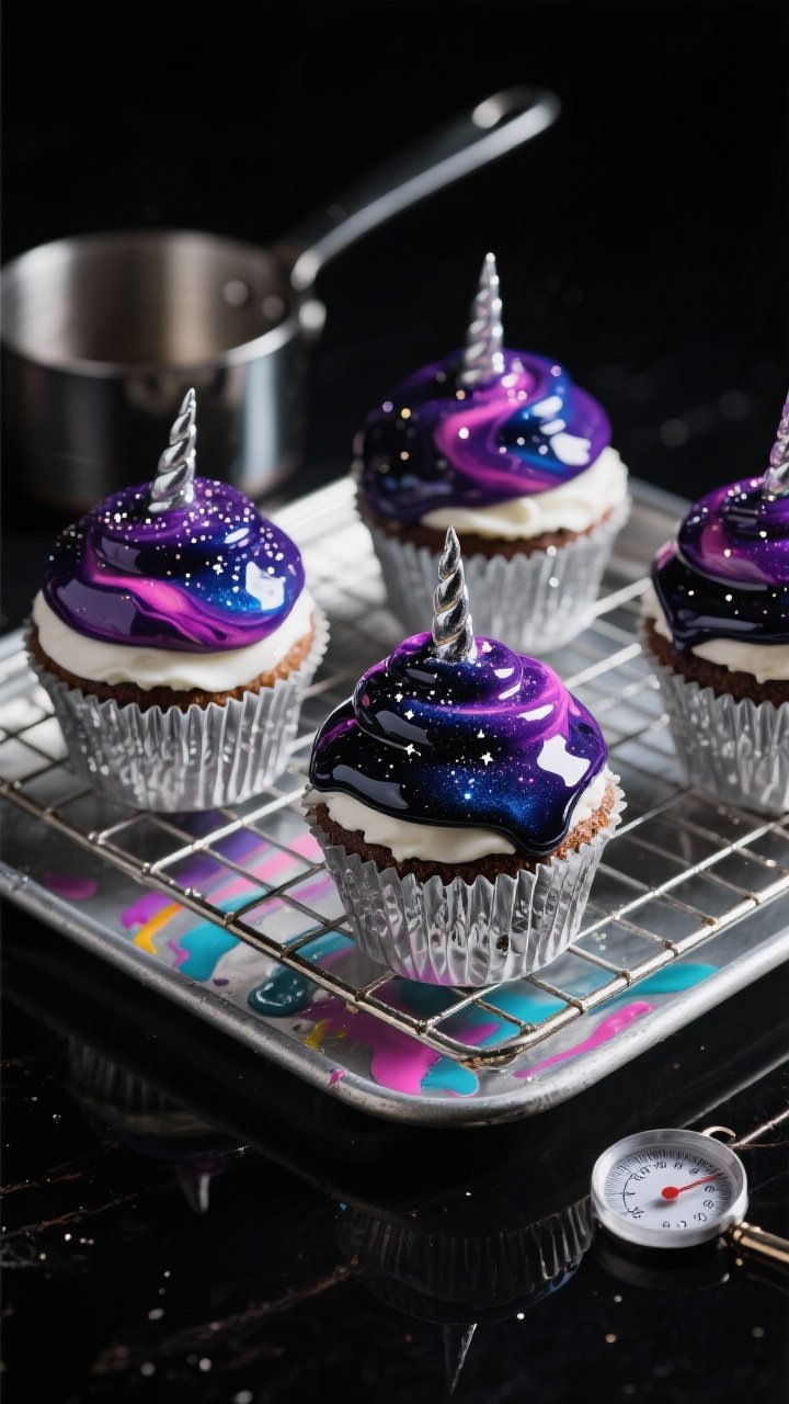 A dramatic 45-degree angle capture of Galaxy-Glazed Unicorn Cupcakes: glossy mirror glaze marbled in deep purple, midnight blue, hints of pink, and a touch of black, poured in one smooth coat over cupcakes pre-set with a thin white chocolate ganache layer; silver luster dust twinkling like stars; cupcakes resting on a wire rack over a drip tray with colorful glaze streaks; a small saucepan and thermometer subtly in frame to suggest temperature precision; moody dark background with controlled reflections emphasizing the glassy finish, high contrast, ultra-polished look.