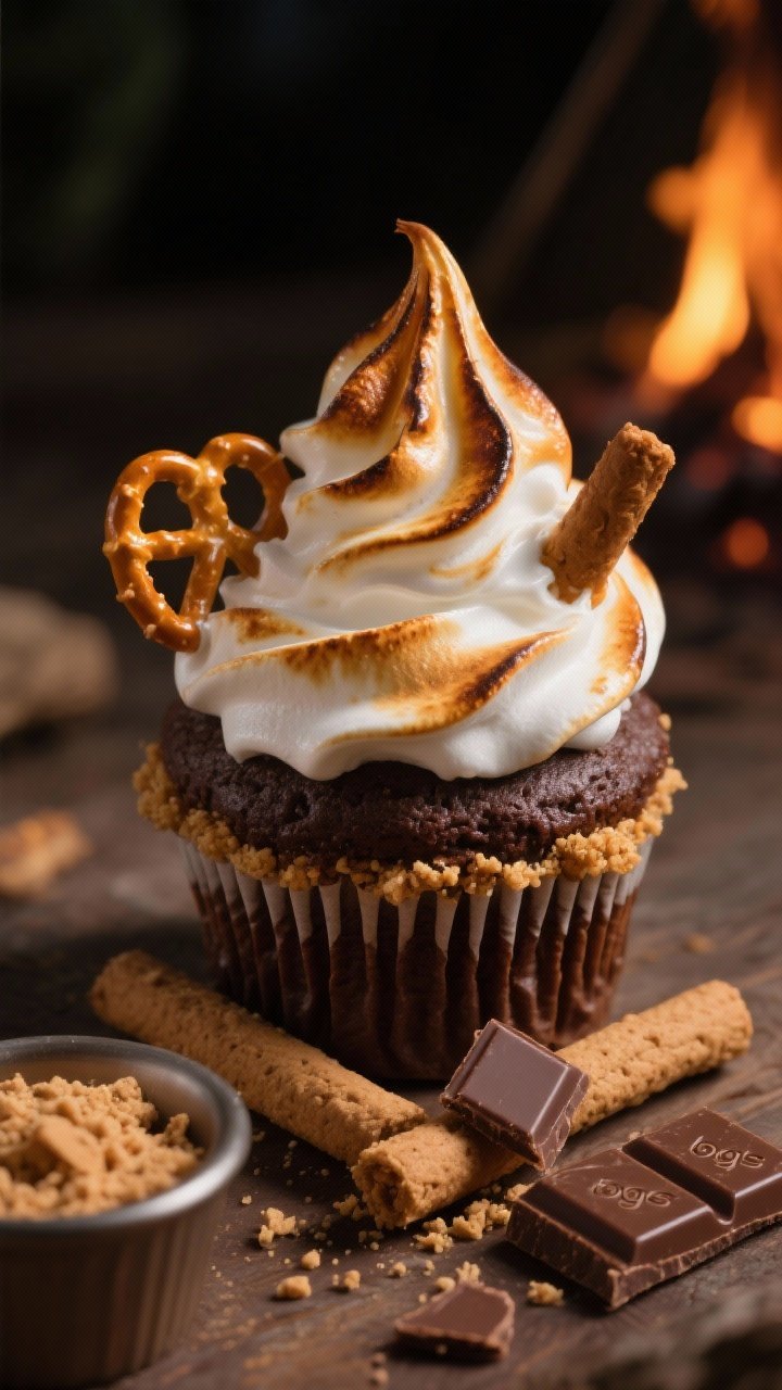A dramatic straight-on shot of Campfire S’mores Bonfire Cupcakes: chocolate cupcakes over a visible graham crumb base, crowned with tall glossy marshmallow frosting peaks toasted to golden-brown with deeper caramelized edges, styled like mini bonfires. Add mini pretzel “logs” crossed at the base and a small chocolate square accent. Include a ramekin of graham crumbs and a bar of chocolate broken into pieces in the background. Low, warm lighting to evoke campfire glow, rich contrast to highlight the sheen of the meringue and the crumb texture.