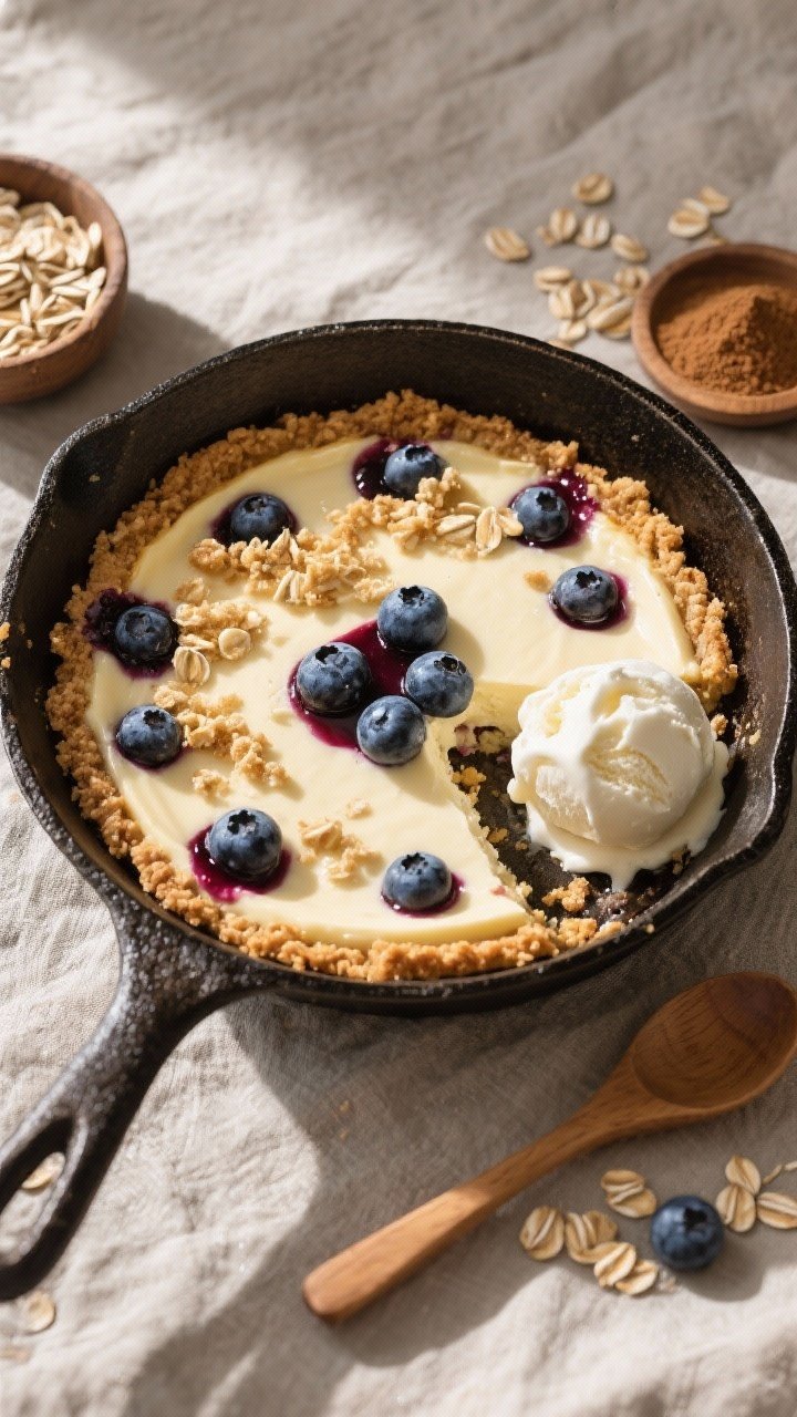 A rustic overhead skillet scene of blueberry cheesecake with oat-graham crust: baked in a 10-inch cast-iron skillet, edges set with a slight jiggle in the creamy center; whole blueberries folded in, glossy pockets of blueberry jam, optional golden oat crumble scattered on top; served warm with a scoop of melting vanilla ice cream to the side; props include quick oats, brown sugar, and a wooden spoon nearby, cozy family-style mood with natural afternoon light and a textured linen.