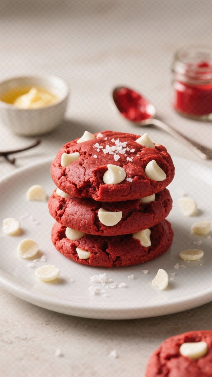 A straight-on plated presentation of chewy red velvet cookies studded with glossy white chocolate chips, rich crimson hue with a slight tray-tap deflate for chewiness. Stack a few on a matte white plate with a pinch of flaky sea salt sprinkled over the top; scatter extra white chocolate chips around. In the background, include hints of ingredients: a small bowl with melted butter, a spoon with red coloring, and a jar of vanilla. Warm, inviting tones, shallow depth of field to emphasize chip-studded texture and soft centers.