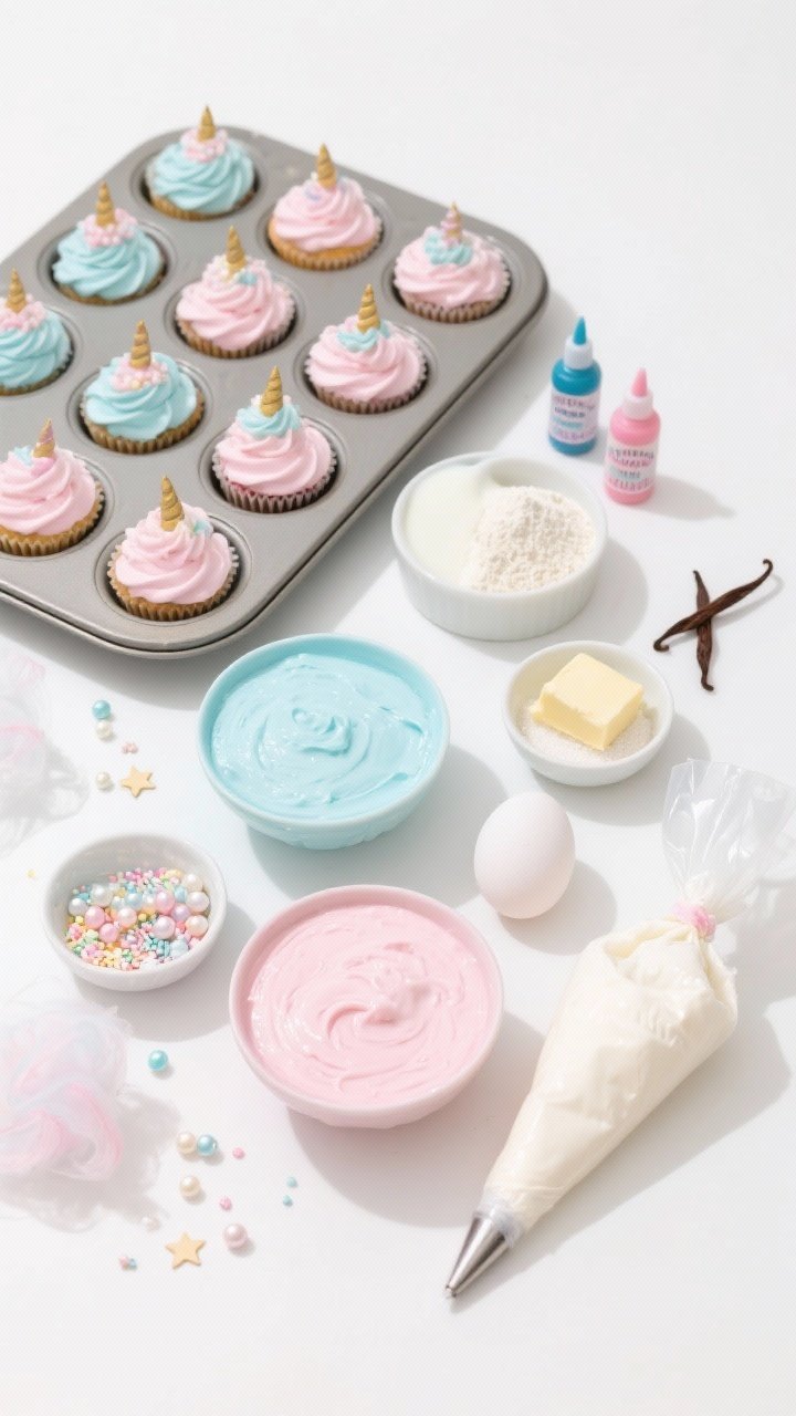 An overhead flat-lay ingredient and process shot for Cotton Candy Cloud Unicorn Cupcakes: two bowls of lightly tinted blue and pink batter, cake flour, buttermilk, softened butter, granulated sugar, egg whites, vanilla and cotton candy extract bottles, and gel color drops neatly arranged; nearby a 12-cup tin lined and half-filled with alternating pastel dollops; a separate piping bag filled with fluffy marshmallow frosting; finishing garnishes—wisps of cotton candy, edible pearls, and star sprinkles—grouped in tiny dishes; airy carnival vibe on a white background, clean shadows, bright pastel palette, no people.