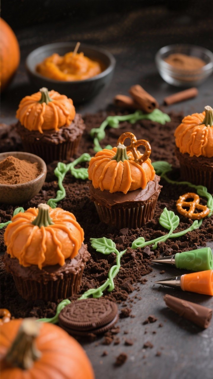 An overhead flat lay of Pumpkin Patch Cupcakes With Buttercream Vines: a “pumpkin patch” scene where cupcakes are coated in brown frosting and dipped in chocolate cookie crumb “soil,” topped with piped orange buttercream pumpkins with toothpick-scored ridges, mini pretzel stick stems, and delicate green buttercream vines and leaves. Include bowls of pumpkin puree, ground cinnamon/ginger/nutmeg, gel colors (orange, green, brown), and piping tips scattered neatly. Warm, moody lighting with soft shadows, autumn palette, high-detail crumb texture and piped ridges.