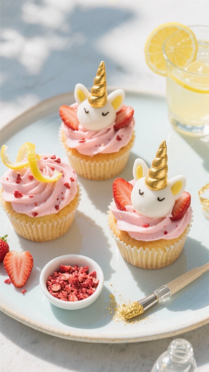 An overhead plated presentation of Strawberry Lemonade Unicorn Cupcakes with Magic Horn Toppers: zesty lemon cupcakes crowned with silky pink strawberry buttercream (freeze-dried strawberry speckles visible), each topped with a gold-painted fondant horn and white fondant ears; garnished with lemon zest curls and a small dish of ground freeze-dried strawberries; a brush and tiny pot of gold luster dust with clear alcohol nearby; bright, sunlit scene on a light ceramic platter, a glass of lemonade with lemon slices in the corner; crisp, cheerful, summery palette highlighting the tangy-berry theme.