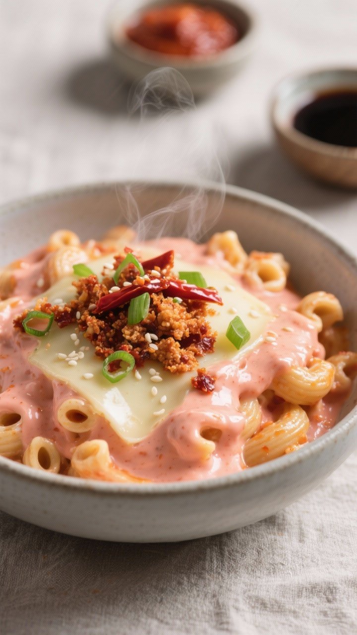 Close-up bowl shot at 45 degrees of Gochujang Cream Mac with Crispy Chili Crunch: elbows enrobed in a silky pale-red gochujang cream sauce (milk and heavy cream) with mozzarella and fontina sheen; glossy swirl of chili crisp across the top adding visible crunchy bits; garnished with thinly sliced green onions and toasted sesame seeds; subtle steam rising; small dishes of gochujang paste and soy sauce in the background; modern ceramic bowl on a neutral linen to convey Korean-inspired, refined comfort.