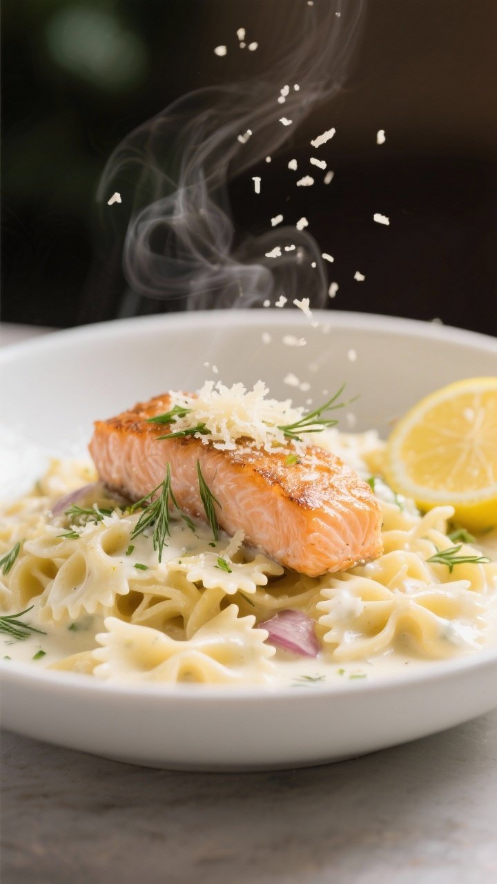 Close-up, cozy pasta twirl: Creamy lemon-dill salmon pasta in a shallow white bowl, sauce clinging silkily to farfalle. Visible flakes of pan-seared salmon folded through a cream and white wine sauce with shallot, garlic, lemon zest and juice, and melted Parmesan; flecks of fresh dill throughout. Steam rising, micro-grated Parmesan snowfall, lemon wedge to the side. Soft, diffused light and shallow depth of field to highlight velvety texture and salmon flakes.