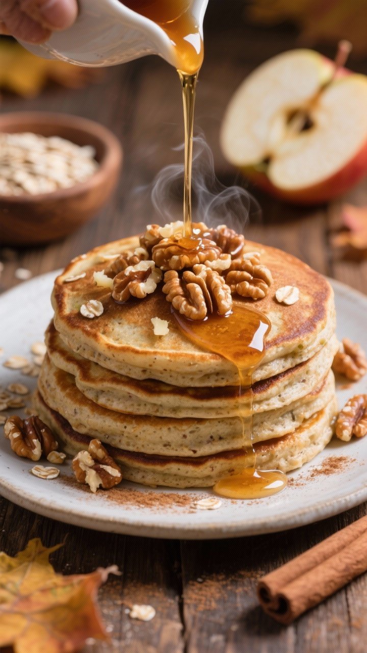 Close-up cozy shot of Apple Cinnamon Oat Pancakes with Maple Walnut Crunch: thick, hearty pancakes showing visible oat texture and grated apple flecks, stacked and topped with glossy maple-coated toasted walnuts; a slow pour of maple syrup captured mid-drip over the nuts, steam subtly rising; cinnamon and nutmeg dusted lightly on the plate, a small bowl of rolled oats and a halved apple in the background; warm autumnal palette, rustic wood surface, shallow depth of field highlighting the crunch and syrup sheen.
