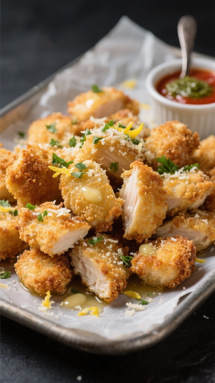 Close-up macro detail: Crispy Parmesan-Herb Bites with a crackly, golden Parmesan-cornstarch crust. Chicken breast bites piled on a parchment-lined tray, glossy from a quick garlic-butter toss, with tiny bubbles of butter clinging. Finely chopped parsley and lemon zest sprinkled over, with a small ramekin of marinara and a spoonful of pesto off to the side. Texture-focused: crisp edges, grated Parmesan granules visible. Neutral dark backdrop to make the golden tones pop, shallow depth of field.