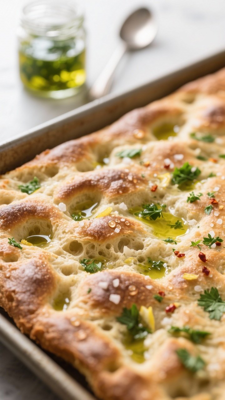 Close-up macro of No-Knead Overnight Focaccia showing an airy, open crumb and bronzed top, dimples pooling with a vivid herby green oil made from parsley, basil, garlic, lemon zest, chili flakes, and olive oil; droplets glistening in the dimples, flaky sea salt visible; a blurred 9x13-inch pan edge in the background, with a small glass jar of the green herb oil and a spoon; clean, bright daylight for a fresh artisan feel, no people.