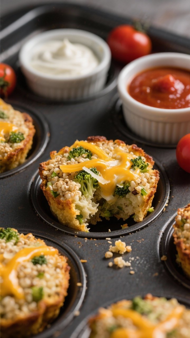 Close-up macro shot of cheesy broccoli quinoa bites fresh from a mini muffin tin: golden-edged, lightly browned tops with melted cheddar strands, specks of finely chopped broccoli, and quinoa grains visible; a torn-open bite in the foreground showing moist, cheesy interior with Parmesan flecks; small ramekins of marinara and yogurt ranch for dipping, and a few cherry tomatoes scattered; photographed at a 45-degree angle on a dark sheet pan for contrast, crisp, appetizing, bakery-warm feel.