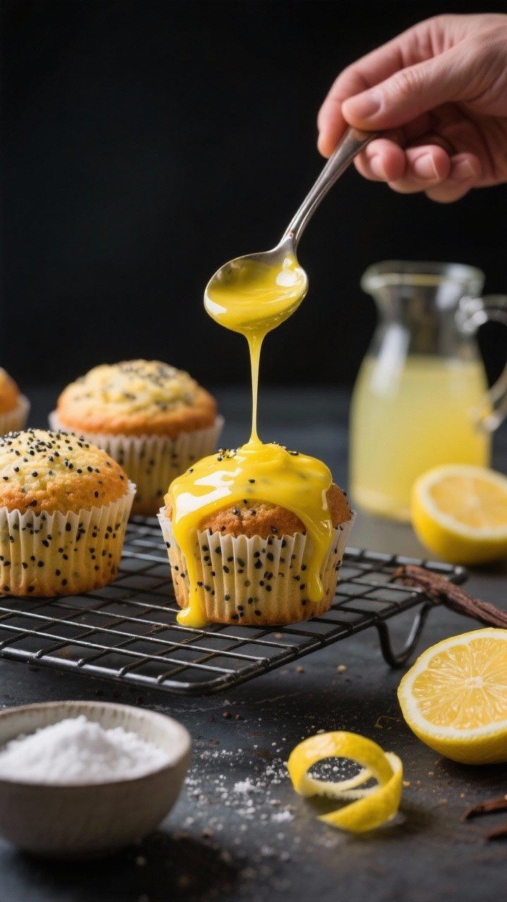 Close-up process shot of Lemon Poppy Seed Cupcakes being glazed: warm cupcakes on a wire rack, glossy bright lemon glaze spooned over, dripping down the sides; poppy seeds visibly freckled throughout the crumb and a few sprinkled on the wet glaze; supporting elements: a small bowl of powdered sugar, fresh lemon halves and zest curls, a jug with lemon juice and a teaspoon of vanilla nearby; moody yet clean lighting to emphasize shine and texture, tight framing on the drip and speckled surface.