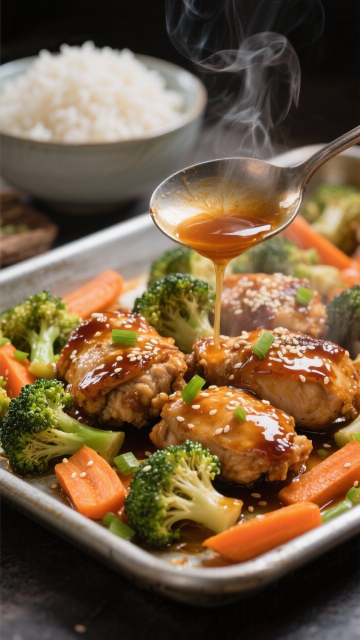 Close-up sheet pan action of Honey-Soy Ginger Chicken with broccoli florets and carrot slices on a bias, chicken thigh chunks lacquered in a sticky glossy honey-soy-ginger-garlic sauce with sesame oil; caramelized edges on broccoli “crispies” and tender carrots, steam rising; a spoon drizzling thickened cornstarch-finished sauce over the pan, sesame seeds and sliced scallions scattered; takeout-inspired, high-contrast lighting that pops the glaze, jasmine rice bowl softly out of focus.