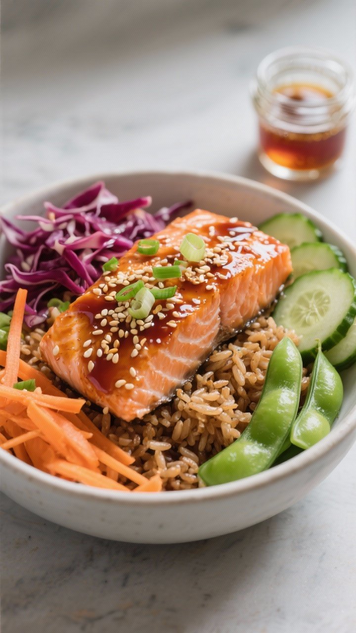 Close-up, straight-on shot of a Ginger-Sesame Salmon Crunch Bowl highlighting texture: glossy soy-ginger glazed flaked salmon atop a bed of nutty brown rice, with crunchy shredded red cabbage, orange carrot ribbons, bright green edamame, thin cucumber slices, and scallions. Toasted sesame seeds sprinkled over the fish; a small glass jar of ginger-sesame dressing (soy, rice vinegar, sesame oil, honey, ginger, garlic, optional sriracha) sits to the side with condensation. Clean, modern “sushi-bowl” feel, vibrant yet balanced colors, soft directional light catching the glaze and sesame sheen.