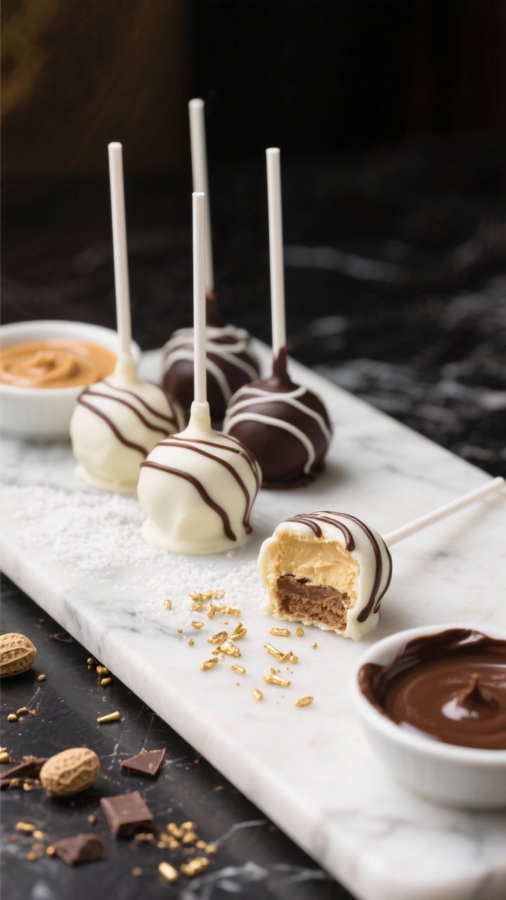 Elegant plated presentation at a 45-degree angle for Peanut Butter Cheesecake Swirl Cake Pops: half the pops coated in pristine white chocolate, half in dark chocolate, each finished with contrasting zigzag drizzle to create the “swirl” effect; optional gold or chocolate sprinkles for finesse. Include a small bowl of tangy peanut butter cheesecake frosting (cream cheese, peanut butter, powdered sugar, vanilla) and separate bowls of melted white and dark chocolate with a hint of coconut oil. Set on a marble slab with a refined, luxurious mood; immaculate, snappy shells and creamy interior implied by one pop with a clean bite revealing the truffle-like center.