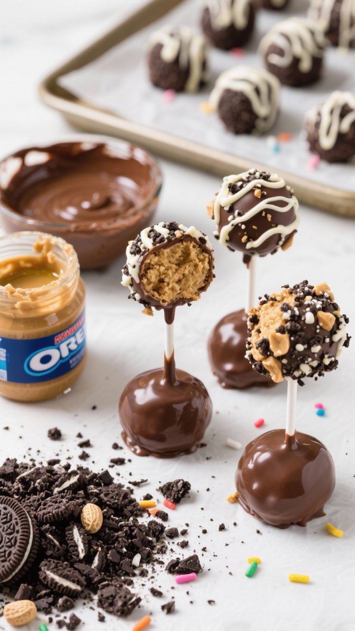 Fun, kid-approved, straight-on close-up of Crunchy Peanut Butter Oreo Cake Pops: semisweet chocolate–dipped pops studded with crushed Oreo topping, with visible flecks of crunchy peanut butter mixed into the cake center. Show a messy-cute scene: a pile of crushed Oreos, a jar of crunchy peanut butter, a glossy bowl of melted semisweet chocolate with a little vegetable oil, and a parchment-lined tray of rolled balls with Oreo crumbs mixed in. Optional accent of white chocolate drizzle and a few rainbow sprinkles on some pops. Playful mood, high contrast, irresistible crumbly-cookie texture and shiny coating in focus.