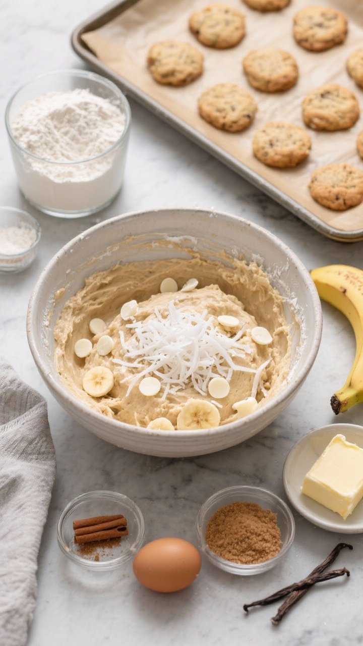 Ingredient-and-process flat lay at 45-degree angle for no-chill coconut version: a mixing bowl with soft, just-combined dough showing shredded unsweetened coconut threads and white chocolate chips, mashed banana folded in. Nearby: measured all-purpose flour, cinnamon, granulated and light brown sugar, softened butter, egg, and vanilla. In the background, a parchment-lined tray with evenly spaced