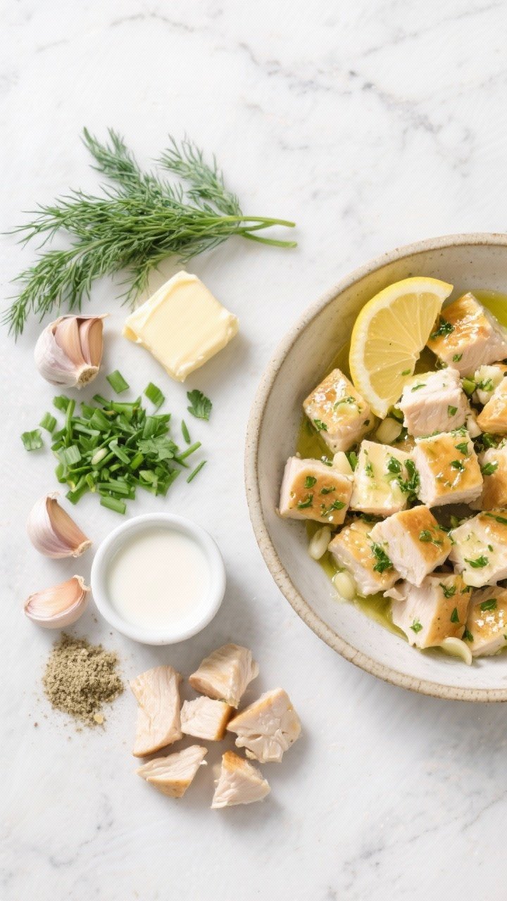 Ingredient-to-finish split scene, overhead flat lay: Herby Ranch-Style Butter Bites showcased two ways. Left side: neat arrangement of fresh dill, chopped chives, parsley, garlic cloves, butter, small splash of buttermilk in a ramekin, garlic and onion powders, and cubed chicken breast. Right side: final bites tossed in herby garlic butter, flecked with green herbs, lightly glossy, served in a shallow ceramic bowl. Include a lemon wedge for optional tang. Clean, bright styling on a light stone surface, modern farmhouse vibe, no people, pure ingredient focus transitioning to the finished dish.