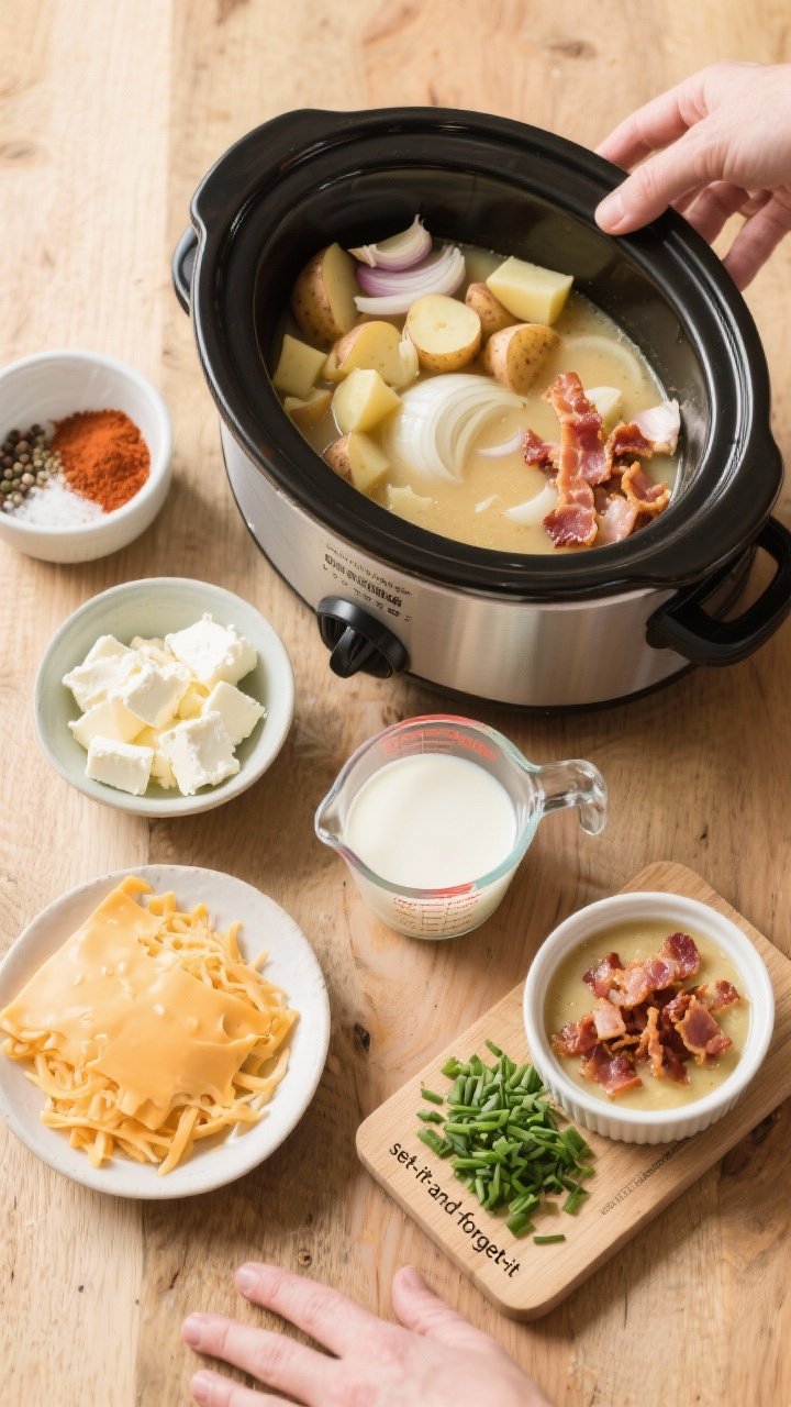 Ingredients and process flat lay, overhead: Slow cooker creamy potato bacon soup setup on a wooden surface. The slow cooker open, showing diced Yukon Gold/russet potatoes, onion, garlic, chicken broth, smoked paprika, salt, and pepper before mixing; a small bowl of softened cream cheese cubes and a measuring cup of half-and-half ready to add later; shredded Monterey Jack in a separate dish; pre-cooked crumbled bacon in a ramekin; chopped chives on a tiny board. Labels implied by arrangement, no hands. Clean, bright lighting emphasizes the “set-it-and-forget-it” ease and the warm, cozy palette.