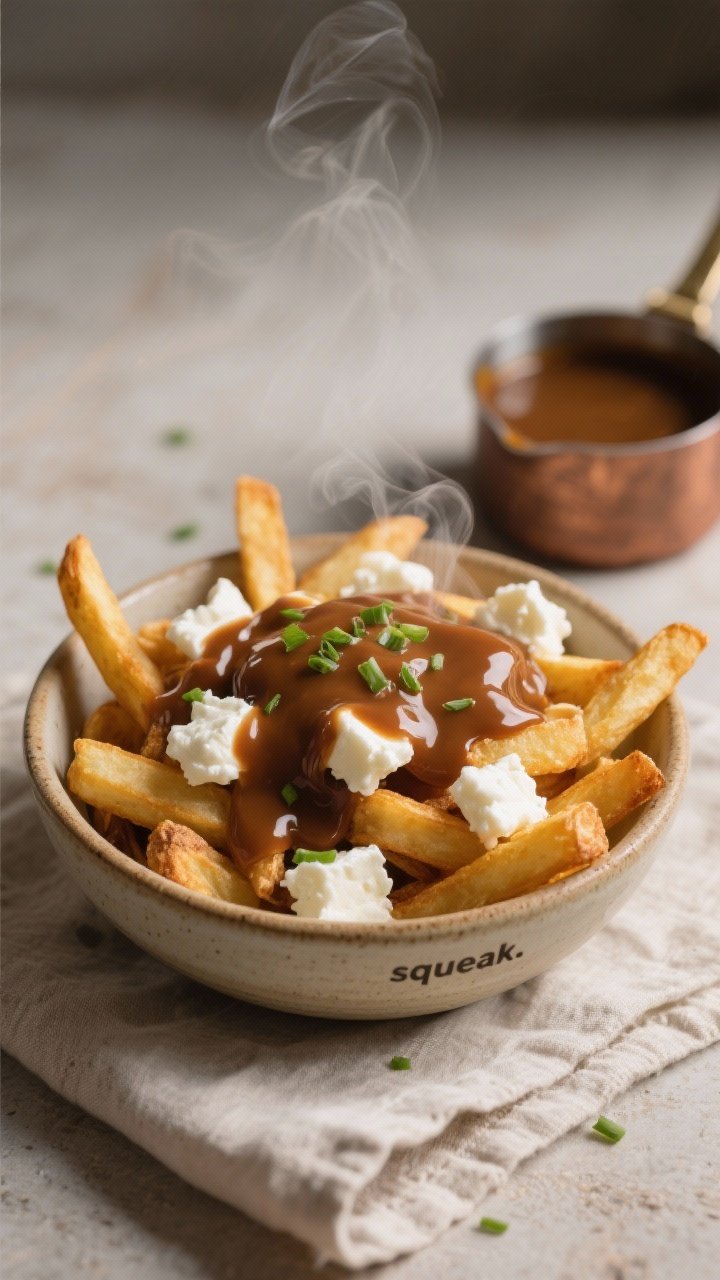 Overhead comfort-food scene of poutine-style gravy fries in a warm ceramic bowl: deeply golden, extra-crisp fries covered with squeaky white cheese curds and ladled with glossy brown gravy (beef/chicken stock, soy, Worcestershire) pooling and coating but not fully melting the curds; steam rising subtly; optional sprinkle of chopped chives and a small gravy saucepan nearby; cozy, homey lighting and neutral linens to highlight rich browns and creamy whites; emphasis on silky gravy texture and curd “squeak.”