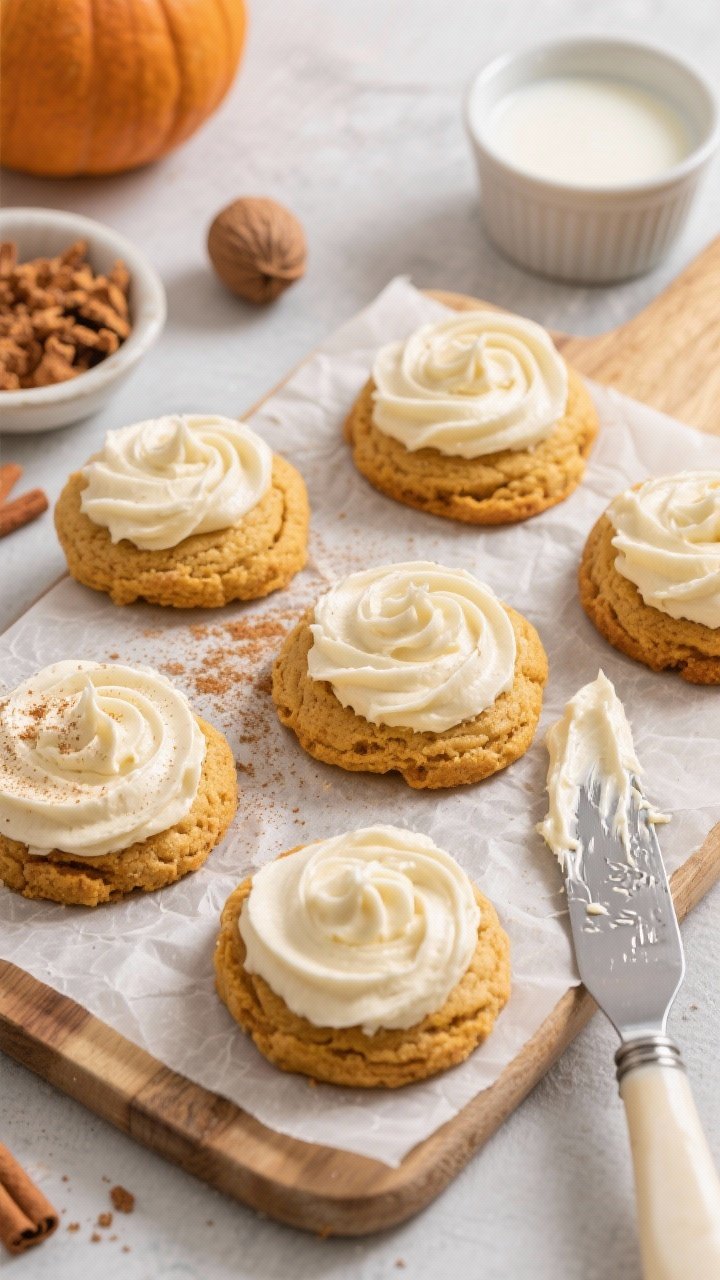 Overhead flat lay, frosted final: Cream cheese–frosted pumpkin spice pillow cookies arranged on a parchment-lined board, each topped with a generous swirl of tangy frosting and a light dusting of cinnamon; include a small bowl of crushed gingersnaps for optional garnish, a piping offset spatula with frosting smears, and ingredient cues: a dish of pumpkin pie spice, a nub of nutmeg with a microplane, and a ramekin of buttermilk; soft, airy lighting to highlight the cake-like crumb and glossy frosting; color story of pale ivory frosting against warm pumpkin-golden cookies; perfectly neat yet inviting bakery aesthetic.