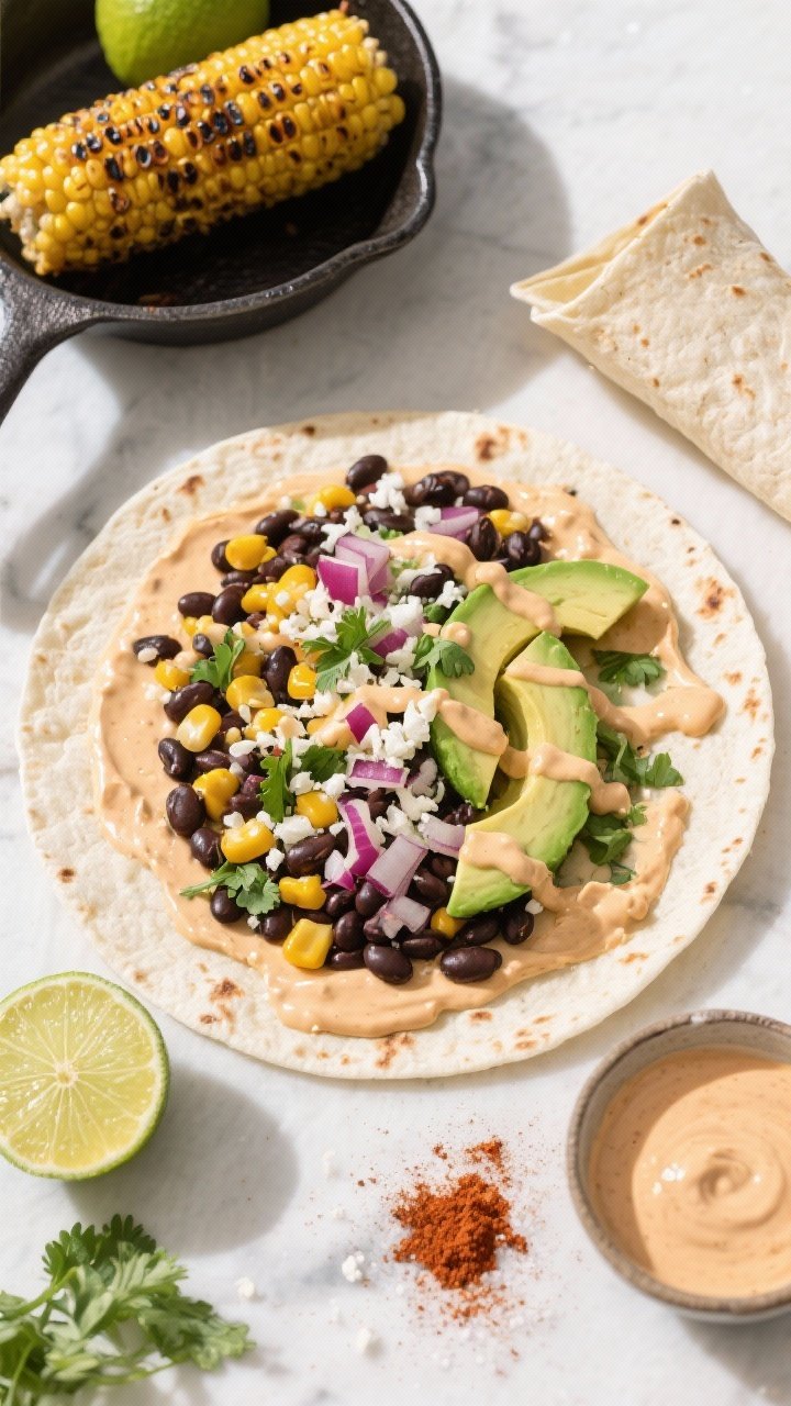 Overhead flat-lay of a Chipotle Black Bean & Avocado Wrap assembly with street corn vibes: large flour tortillas spread with chipotle-lime crema (mayo, yogurt, chipotle in adobo, lime), then lined with black beans, charred corn kernels, ripe avocado slices, finely diced red onion, chopped cilantro, and Monterey Jack or cotija crumbles. Extra drizzle of crema, pinches of chili powder and salt nearby. Lime wedges, a small bowl of additional sauce, and a skillet with freshly charred corn in frame; colorful, zesty styling; bright natural light.