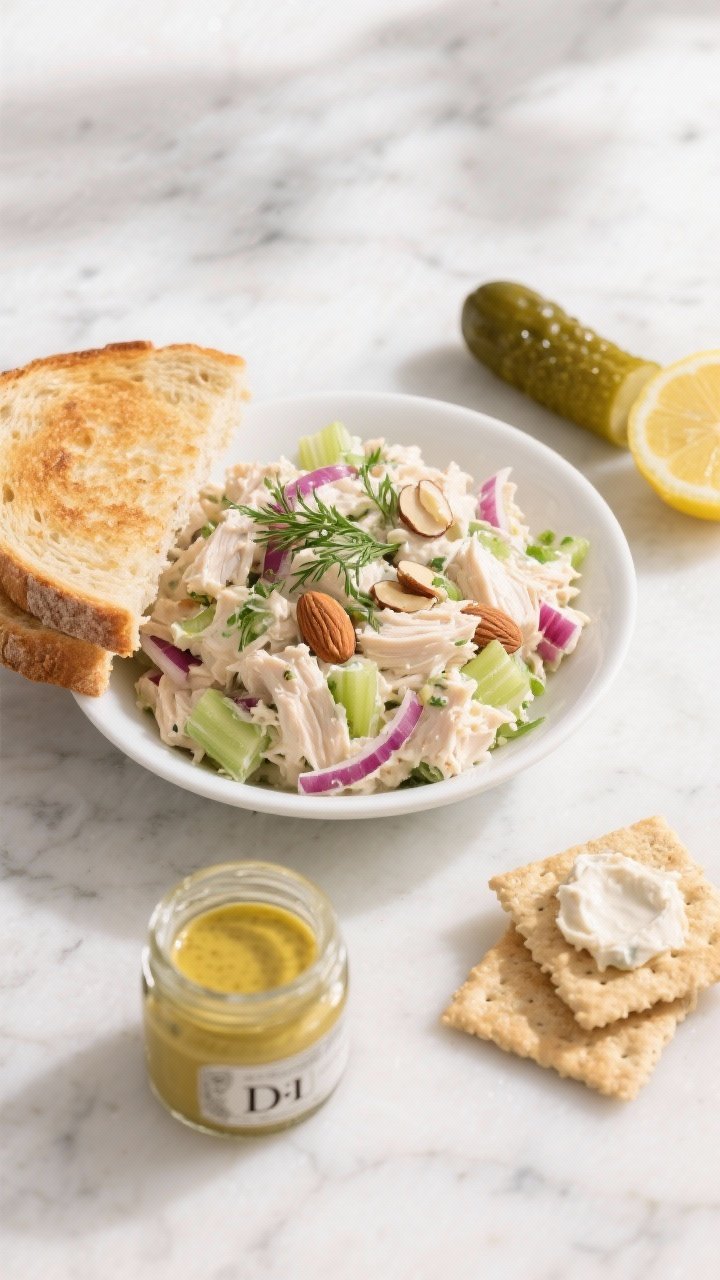 Overhead flat lay of a classic deli chicken salad sandwich scene on a marble surface: a white bowl of creamy chicken salad with finely chopped chicken, celery, and red onion, flecks of fresh dill and parsley, and optional sliced almonds sprinkled on top; a toasted sourdough sandwich half filled with the salad, a glossy dill pickle spear on the side, lemon wedge, small jar of Dijon, and a few crackers with a neat smear of the spread. Colors: pale cream dressing, green herbs, lavender onion, golden toast. Texture focus: creamy but chunky mix with crisp celery and nutty crunch. Soft natural window light, minimal props, appetizing and clean, no people.