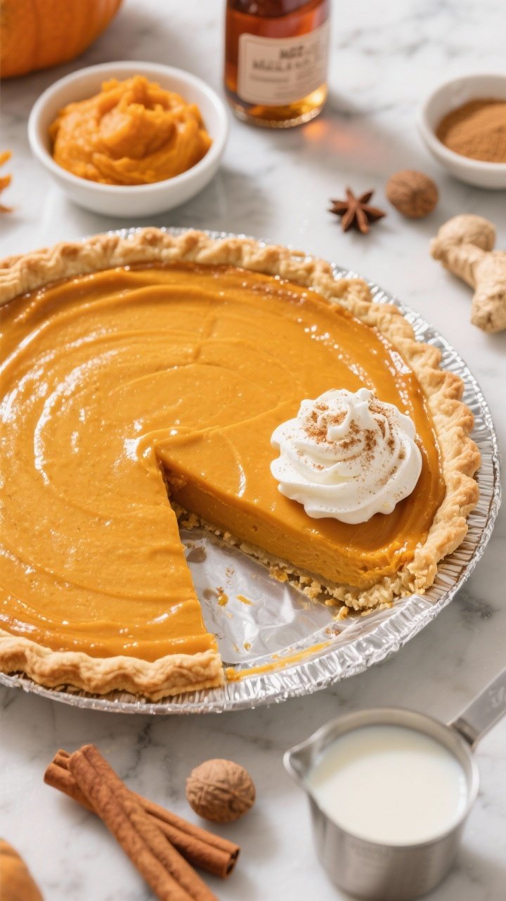 Overhead flat lay of a Classic Pumpkin Pie just out of the fridge, silky orange custard set in a golden, crimped 9-inch crust on a marble surface; a generous swoop of glossy maple whipped cream on one slice with a light dusting of cinnamon; nearby styling elements include small bowls of pumpkin puree, light brown sugar, evaporated milk in a measuring cup, whole spices (cinnamon sticks, nutmeg, cloves, ginger), and a bottle of pure maple syrup; warm, cozy autumn mood with soft side light, foil edge shield peeking from the background to hint at baking technique; focus on smooth custard texture, flaky crust layers, and creamy topping.