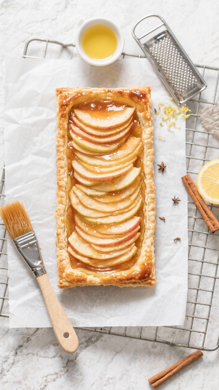 Overhead flat lay of a French Apple Tart on parchment: crisp, puff pastry rectangle with a clearly defined 1/2-inch scored border, center docked, topped with thin, perfectly shingled apple slices glazed to a patisserie shine with apricot jam; edges deeply golden and slightly caramelized, light dusting of cinnamon and nutmeg visible; styling includes a pastry brush with apricot glaze, small ramekin of melted butter, microplane with lemon zest, and a cooling rack on a stone surface; bright, elegant daylight for a minimalist, café vibe.