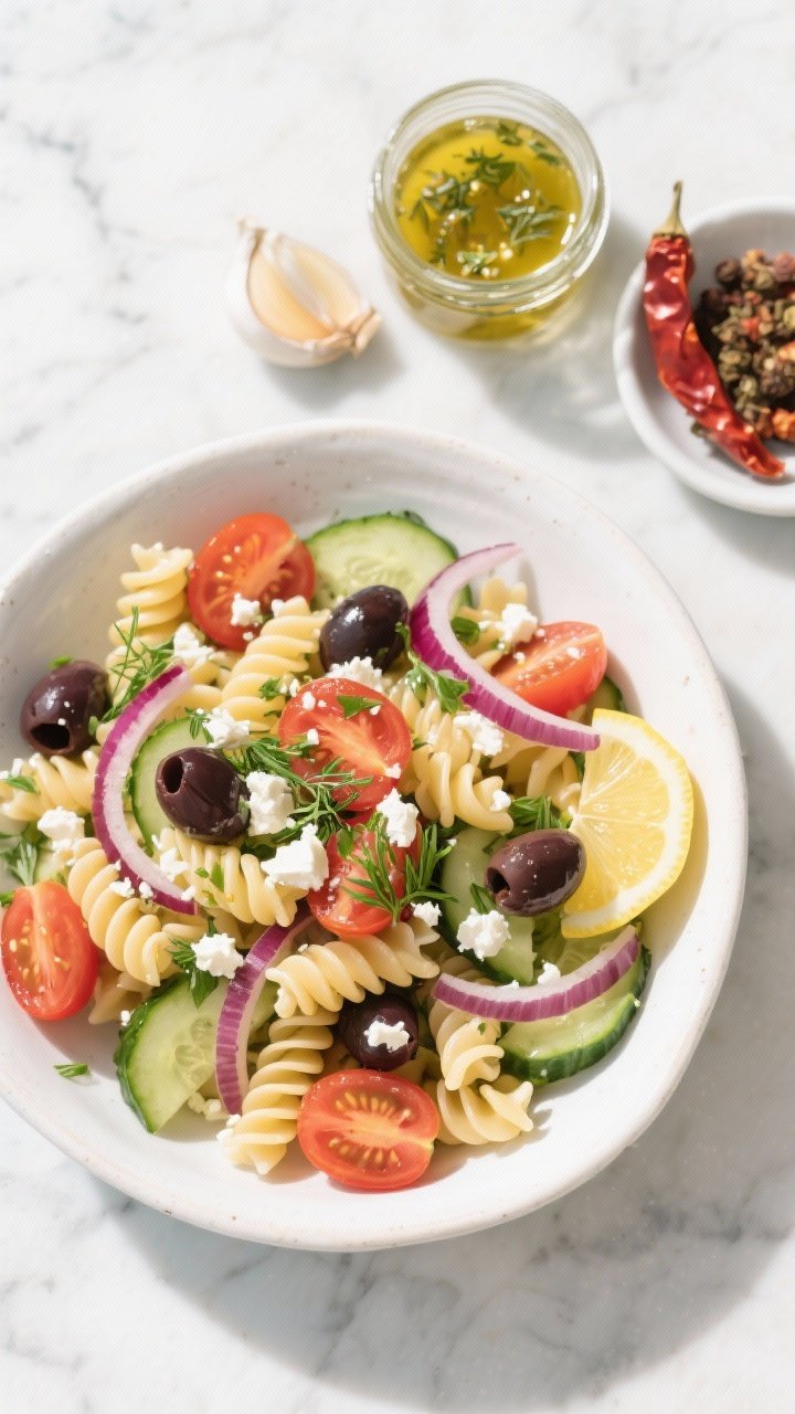 Overhead flat lay of a Lemon-Herb Greek Pasta Salad in a wide white ceramic bowl: al dente rotini tossed with halved cherry tomatoes, quartered English cucumber slices, thin red onion ribbons, halved Kalamata olives, chopped parsley and dill, and generous crumbles of feta. A small glass jar of emulsified lemon-oregano-Dijon dressing with visible zest sits nearby, a zested lemon half and garlic clove to the side, plus a small dish of pepperoncini for optional crunch. Bright, sunlit Mediterranean mood on a cool marble surface, clean shadows, ultra-crisp textures, no people.