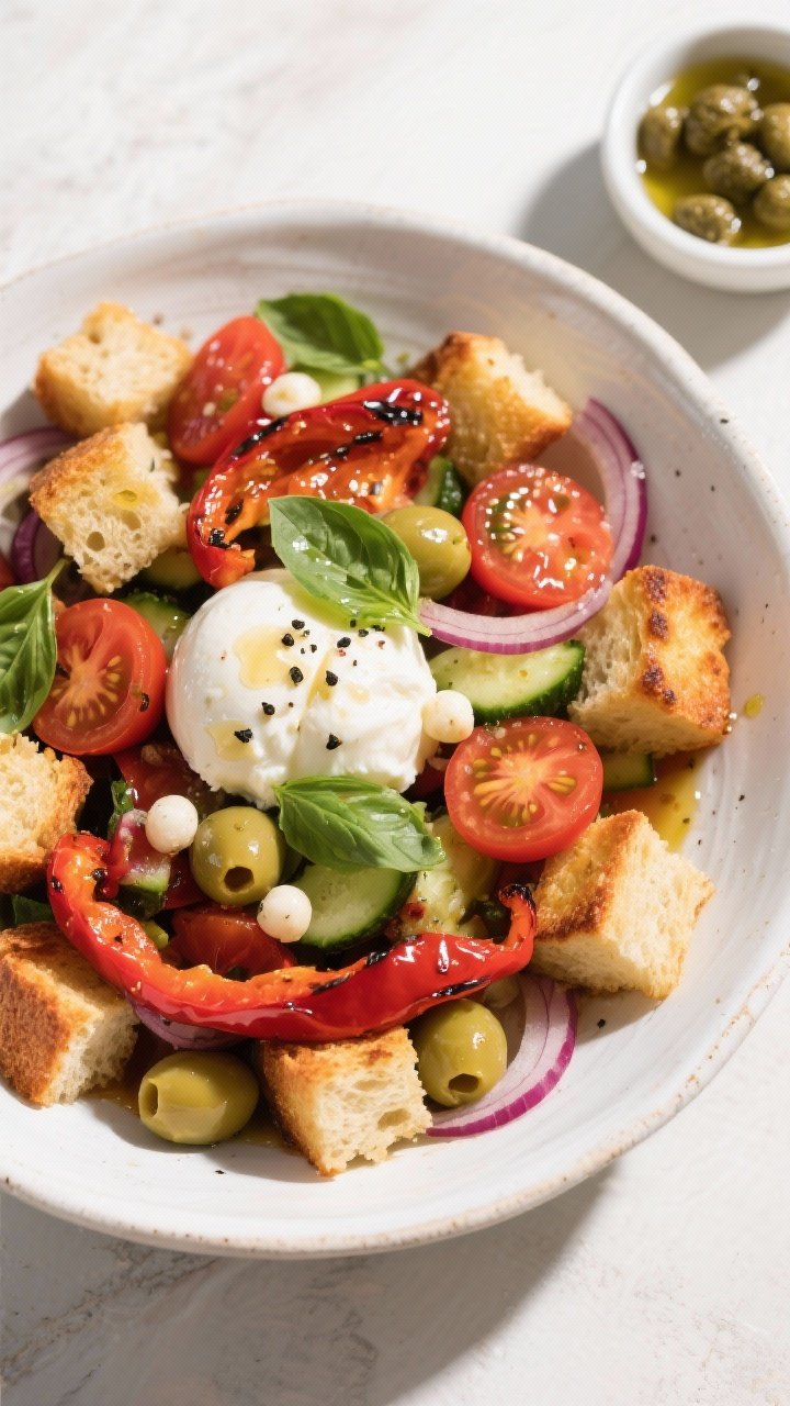 Overhead flat lay of a rustic panzanella with roasted peppers in a wide white ceramic bowl: golden toasted 1-inch ciabatta cubes glistening with vinaigrette, strips of blistered roasted red bell peppers, halved cherry tomatoes, diced cucumber, thin red onion slices, halved Castelvetrano olives, torn basil leaves, and creamy mozzarella pearls or torn burrata folded in; specks of black pepper and emulsified red wine vinegar–Dijon–garlic dressing visible; a small dish of caper brine optional on the side; bright, summery Italian mood, vibrant colors and contrasting crunchy-soft textures.