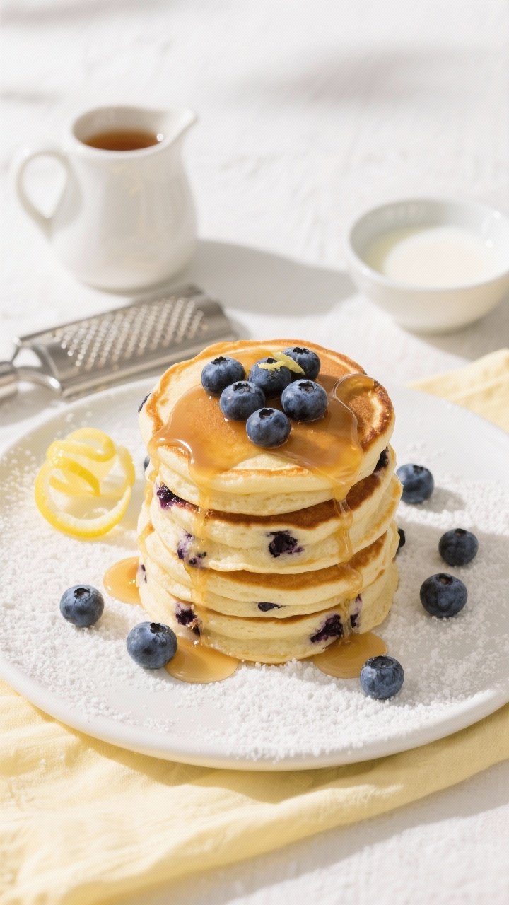 Overhead flat lay of Blueberry-Lemon Cloud Cakes: a tall stack of ultra-fluffy pancakes studded with bursting blueberries, draped in a glossy warm vanilla–maple drizzle with a hint of lemon, on a white ceramic plate dusted with powdered sugar; scattered fresh blueberries, a small pitcher of vanilla maple syrup, a microplane with fresh lemon zest curls, and a small bowl of buttermilk off to the side; bright morning light, airy brunch mood, soft linens in pale yellow and white, crisp focus on syrup sheen and blueberry juice stains, no people.