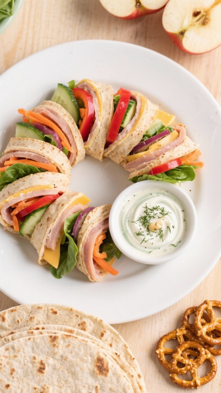 Overhead flat lay of rainbow turkey roll-up pinwheels arranged in a neat spiral on a white platter, showing visible layers of sliced turkey breast, mild cheddar/provolone, chopped baby spinach, shredded carrots, thin red bell pepper, and cucumber; a small ramekin of hidden veggie ranch (Greek yogurt, dill, garlic/onion powder) swirled and sprinkled with dried dill sits beside; whole wheat tortillas visible in tight spirals; styled on a light wood surface with apple slices and a small pile of pretzels on the side; bright, kid-friendly colors, crisp textures, clean lunchbox vibe, natural daylight, no people.