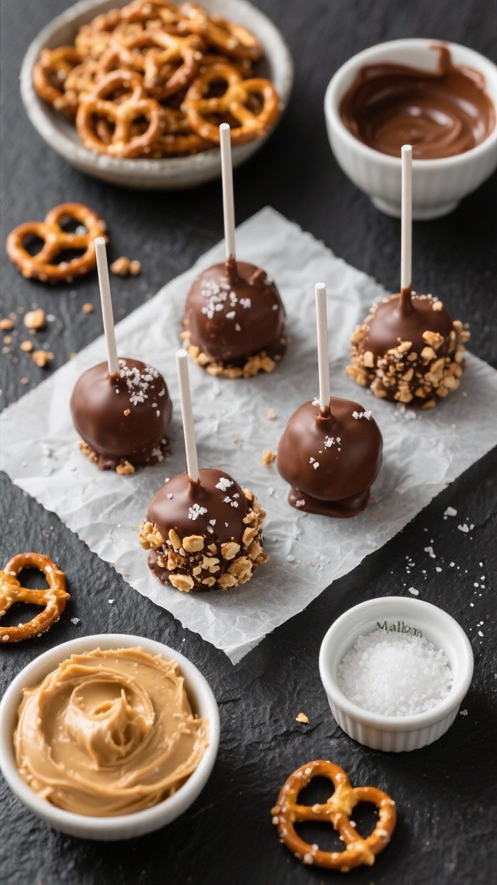 Overhead flat lay of Salted Pretzel Crunch Cake Pops in a sweet-salty theme: milk-chocolate–dipped pops sprinkled with crushed mini pretzels and a tiny pinch of flaky sea salt. Include bowls of creamy peanut butter frosting with visible pretzel bits folded in, a small pile of crushed pretzels, a ramekin of Maldon sea salt, and a microwave-safe bowl of glossy milk chocolate with a touch of oil. Arrange chilled rolled balls on parchment and a few dipped sticks setting upright. Crisp textures and snap highlighted; cinematic contrast on a dark slate surface.