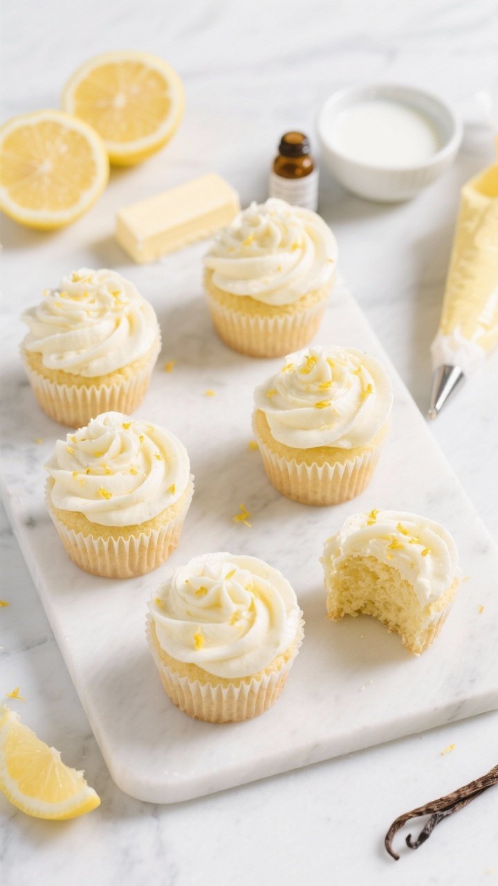 Overhead flat lay of Sunshine-Soft Classic Lemon Cupcakes freshly frosted with silky vanilla buttercream on a white marble slab: pale yellow cupcakes with soft crumb, generous buttercream swirls, a light sprinkle of fresh lemon zest; props include halved lemons, a small bowl of buttermilk, a stick of unsalted butter, vanilla extract bottle, and a piping bag with star tip; one cupcake cut open to show tender texture; bright natural daylight, clean bakery vibe, crisp highlights, no people.